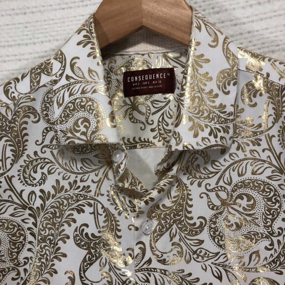 Consequence Men's Size Small‎ White and Gold Paisley Button Down - Picture 3 of 5